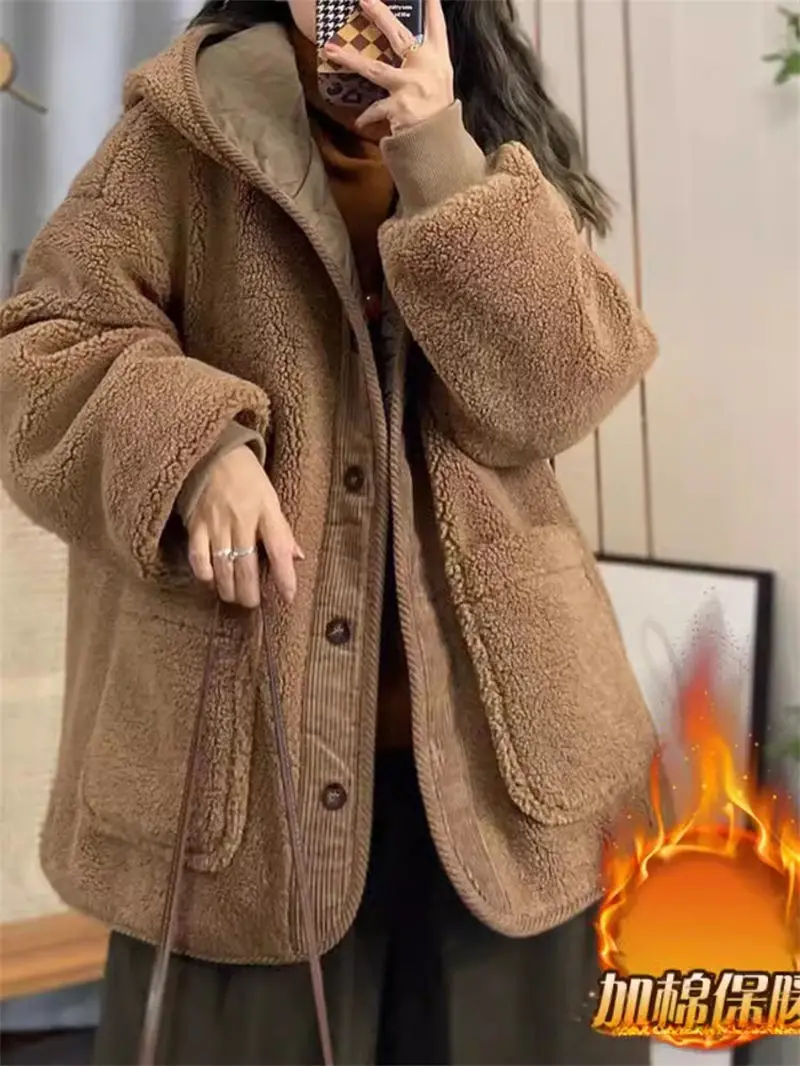 Lamb Wool Jacket Women 2023 Autumn Winter Hooded Plush And Thick Patchwork Oversized Short Coat Mujer Abrigos Z459