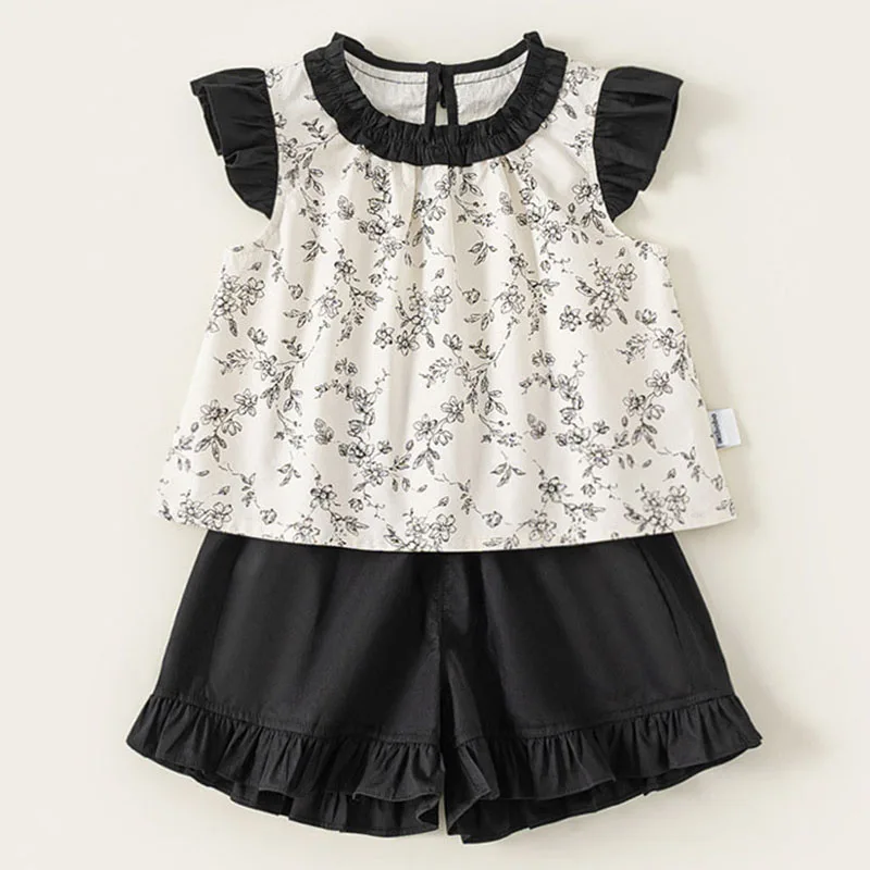 

Summer Girls Boutique Clothes Korean Fashion Cute Flowers Print Sleeveless Cotton Baby Tops+Black Shorts Children's Sets B109