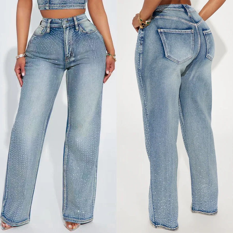 

Denim Pant Women Mom Jeans Wide Leg Long Pants Hot Drilling High Waist Straight Trousers Y2k Streetwear Elegant Punk Work