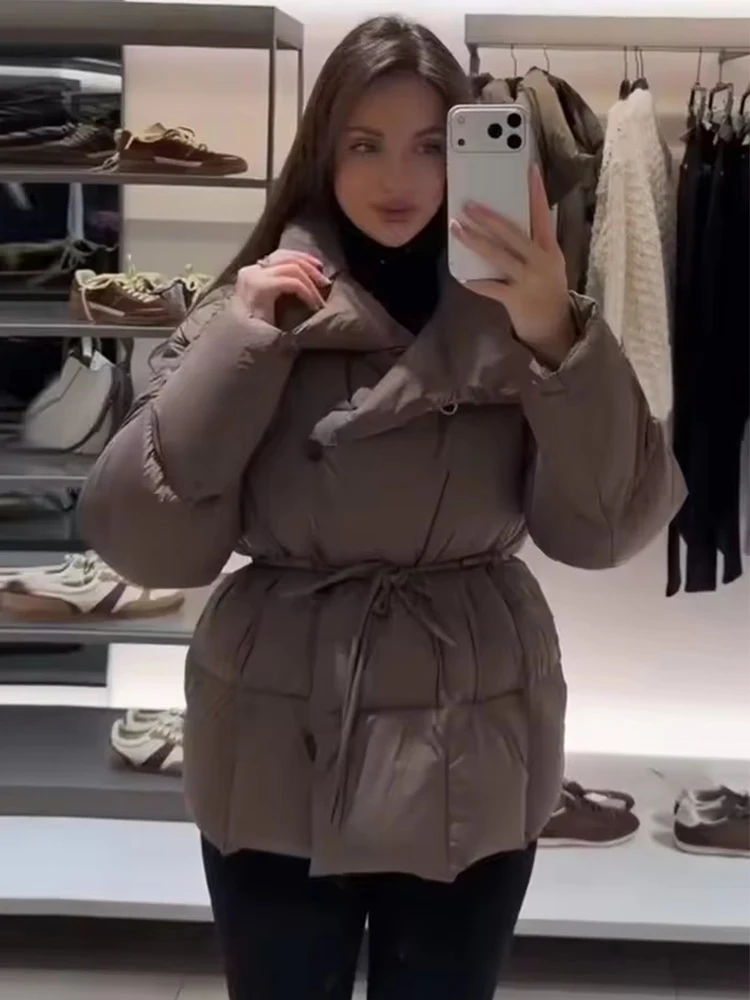 Winter Commute Street Outwears Women Solid Lace Up Cotton Coat Fashion Lapel Long Sleeve Warm Pocket Loose Short Coats New Lady