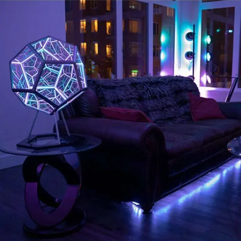 1 set [2 pieces] Creative Cool Unlimited Dodecahedral Color Art Light Nightlight USB Acrylic, Color Light Stand