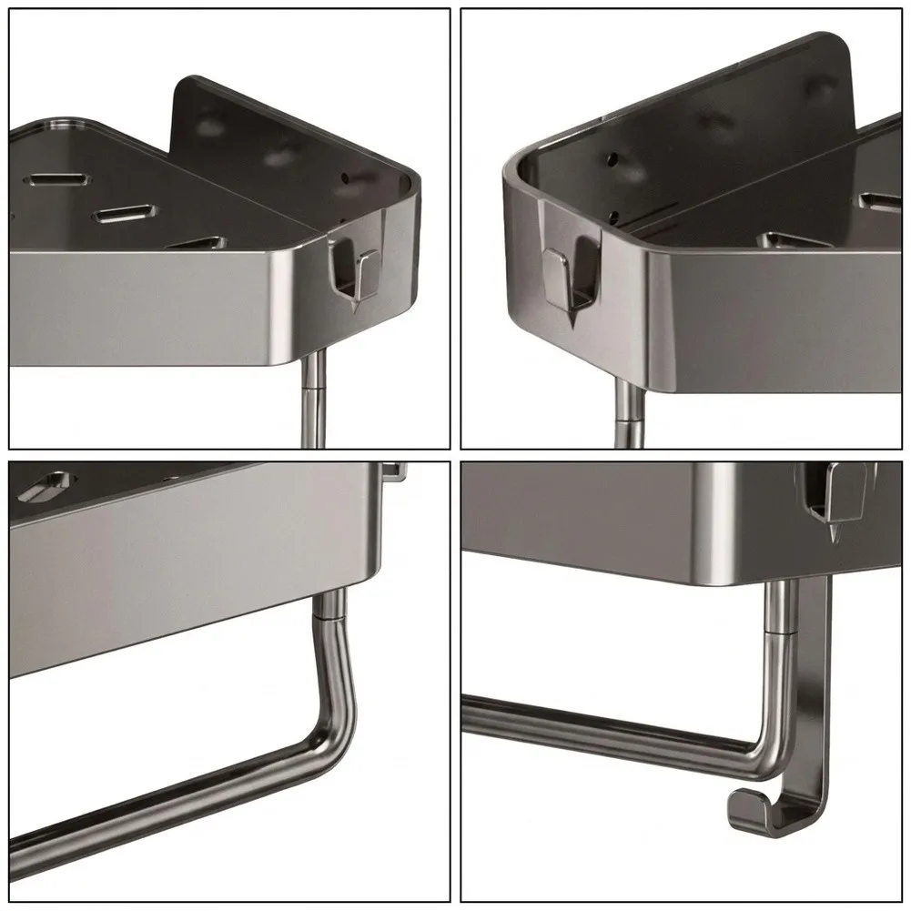 Bathroom Storage Shelf Triangular Corner 35x35x7cm for Kitchen Shower Wall Mounted ABS Black Drainage Friendly