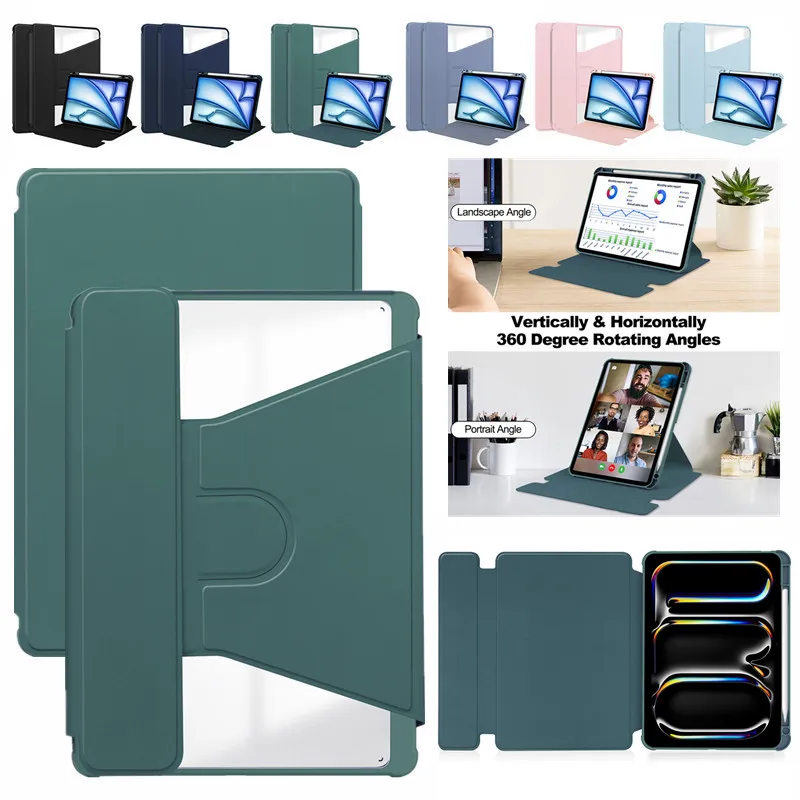 For Apple iPad Pro 13 inch 2024 With Pen Holder Protective Case 360 Rotation Bracket Transparent Back Flip Tablet Cover