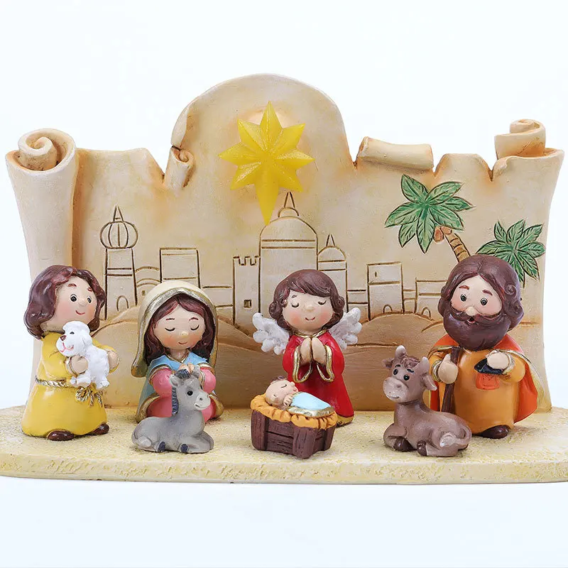 Religious Nativity Scene Manger Group Jesus Child Doll Desk Decoration Catholic Gift Large Full Christmas Crib Figure Home Decor