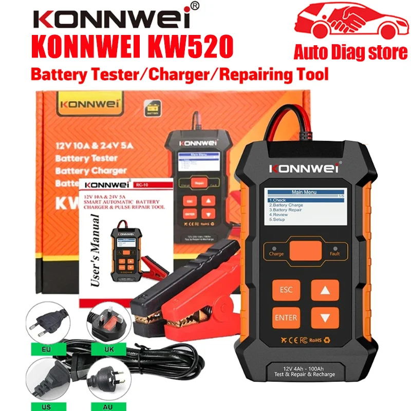 KONNWEI KW520 10A Car Battery Charger Repair Tool Tester 3-in-1 Automotive Battery Maintenance Solution KW510 KW650 RC-10