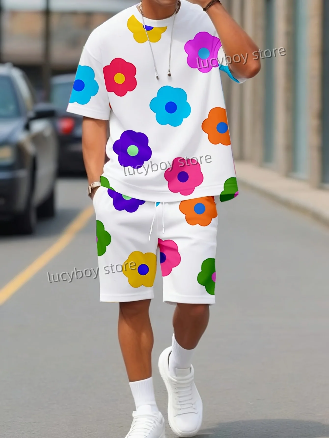 

Спортивная футболка + шорты с разноцветным цветочным принтом, комплект мужского роскошного спортивного костюма, летний комплект большого размера из 2 предметов, мужская одежда