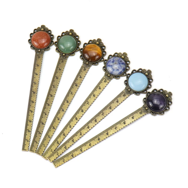 2PCS New Antique Bronze Ruler Bookmarks, Floral Alloy Inlaid Gemstone Bookmarks, Student Supplies, Multiple Options Available