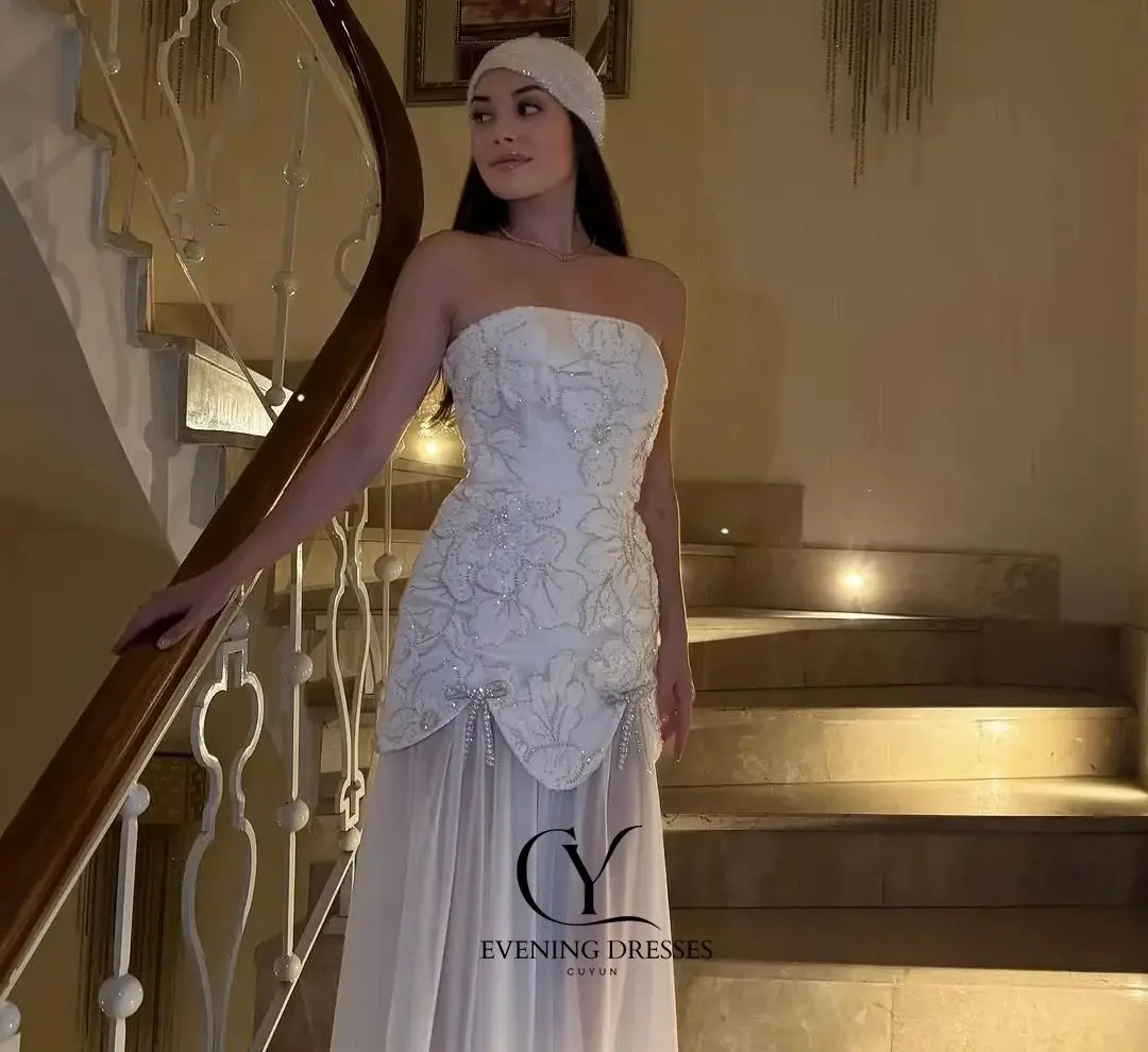 CUYUN فساتين لحضور الحفلات الموسيقية الطويلة الفاخرة المصنوعة من الدانتيل مخصصة من الزهور 2026 فستان سهرة للنساء بدون أكمام لحفلات الزفاف ثوب مسائي #3