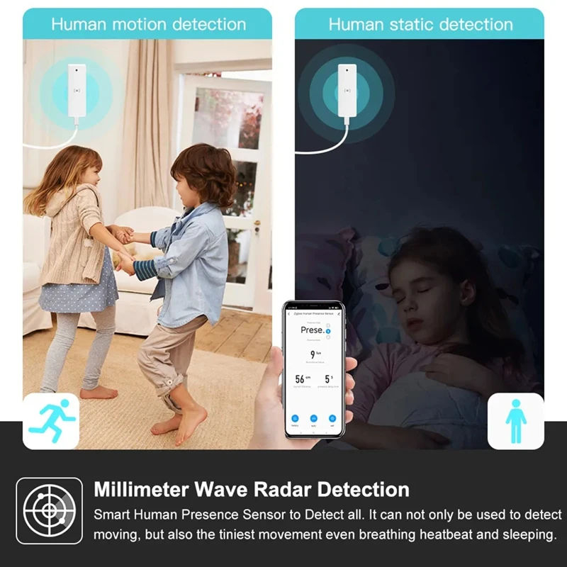 Tuya Zigbee Radar de onda milimétrica Sensor de presencia humana Detector de distancia de luminancia Sensor de movimiento de inicio