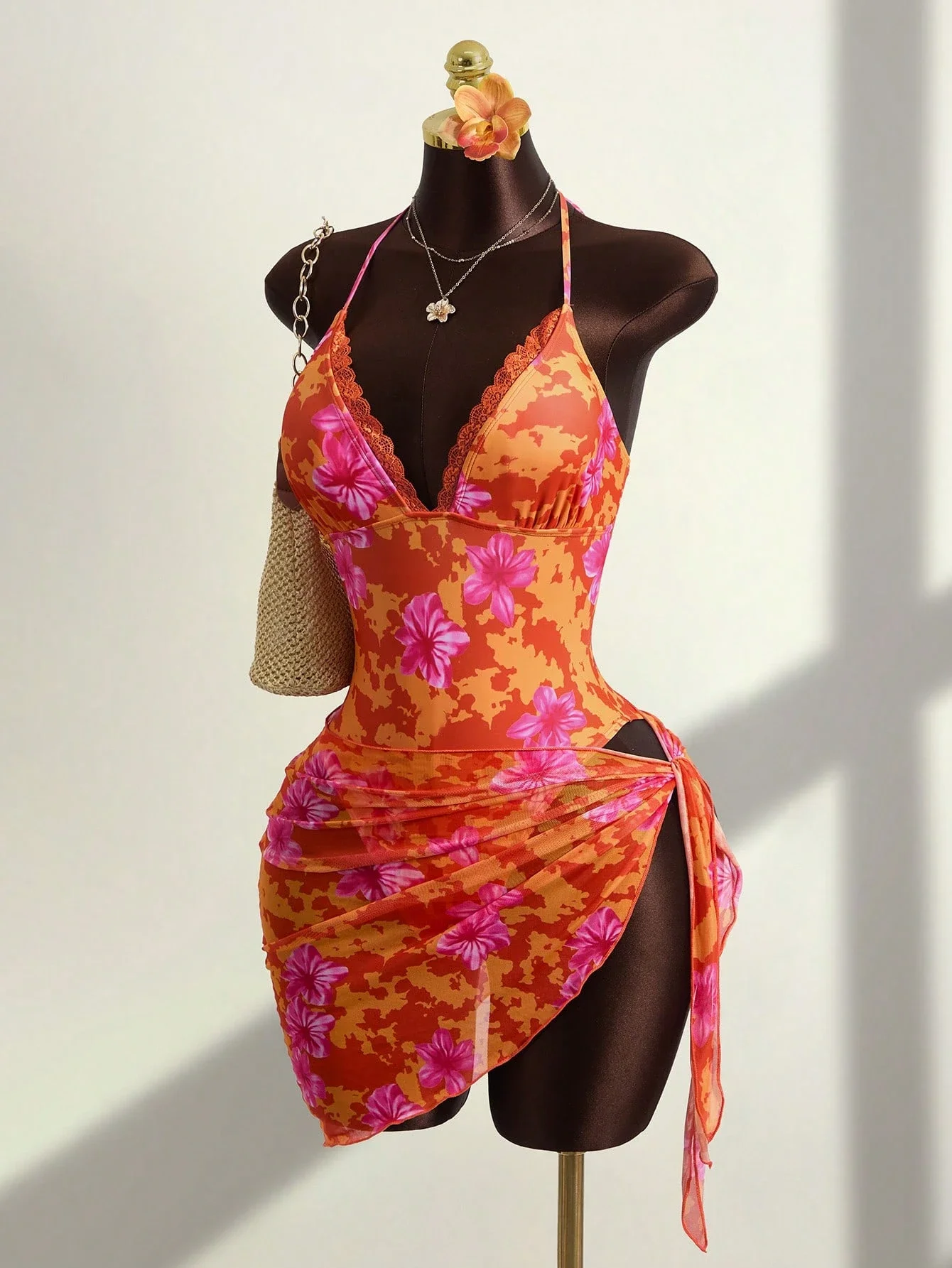 

Vibrant Pink Floral Halter Neck One Piece Swimsuit With Wrap Skirt For Summer Beach Pool Vacation Wear