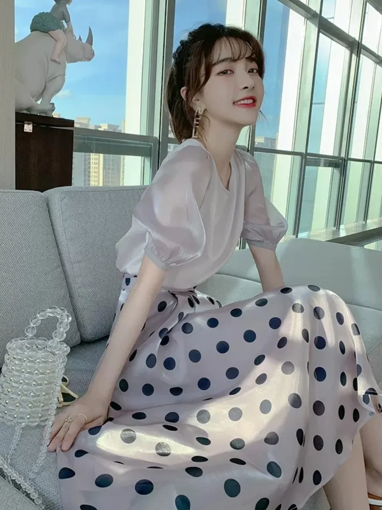 Summer Two Piece Set Women Outfit 2024 Purple O-Neck Puff Sleeve Shirt+Polka Dot Skirt Set Causual Fashion Suit