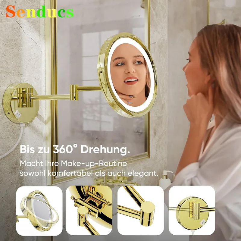 Round Led Folding Bathroom Mirror Dual Arm Extend Makeup Mirrors 10X Magnifying Bathroom Mirror Accessories Gold Led Bath Mirror