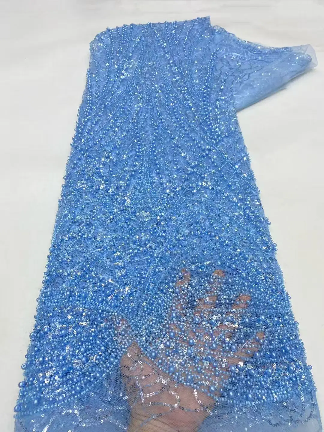 

African Handmade Heavy Sequins Tulle Lace Fabric High Quality French Luxury Beaded Lace Fabric For Bridal Wedding Dress