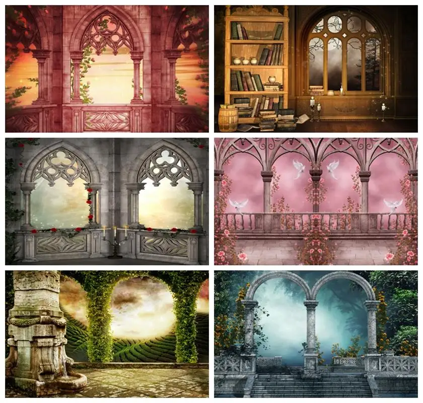 

Laeacco Medieval Castle Interior Backdrop Painted Pillars Brick Floor Arched Window Kid Birthday Portrait Photography Background