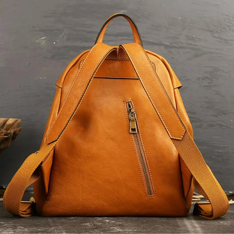 Genuine Leather Women Backpack Pure Color Fashion Medium Female Bag Vintage Casual Travel Rucksack Soft Handle Satchel Tote