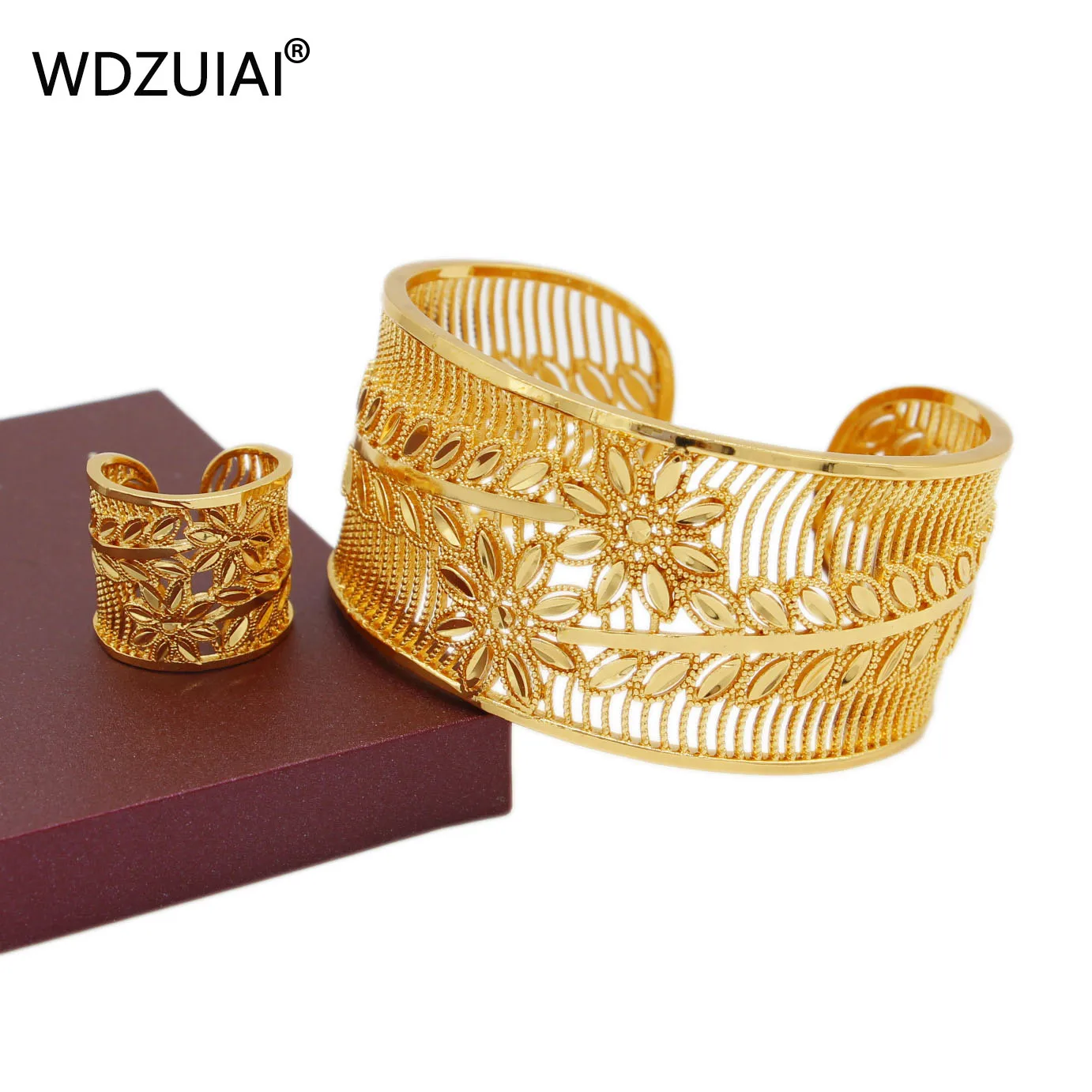 WDZUIAI Free Size Cuff Bracelets/Ring Set For Women Men Jewelry Dubai Gold Color Bangles African Ethiopian Wedding/Party Jewelry