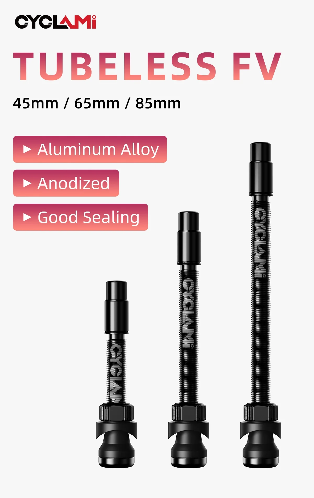 CYCLAMI 45 65 85 mm Tubeless-Ventile Fahrrad-Presta-Nippel aus Aluminiumlegierung, abnehmbares Kern-Luftventil für Rennrad, MTB, Mountainbike – Detail 1