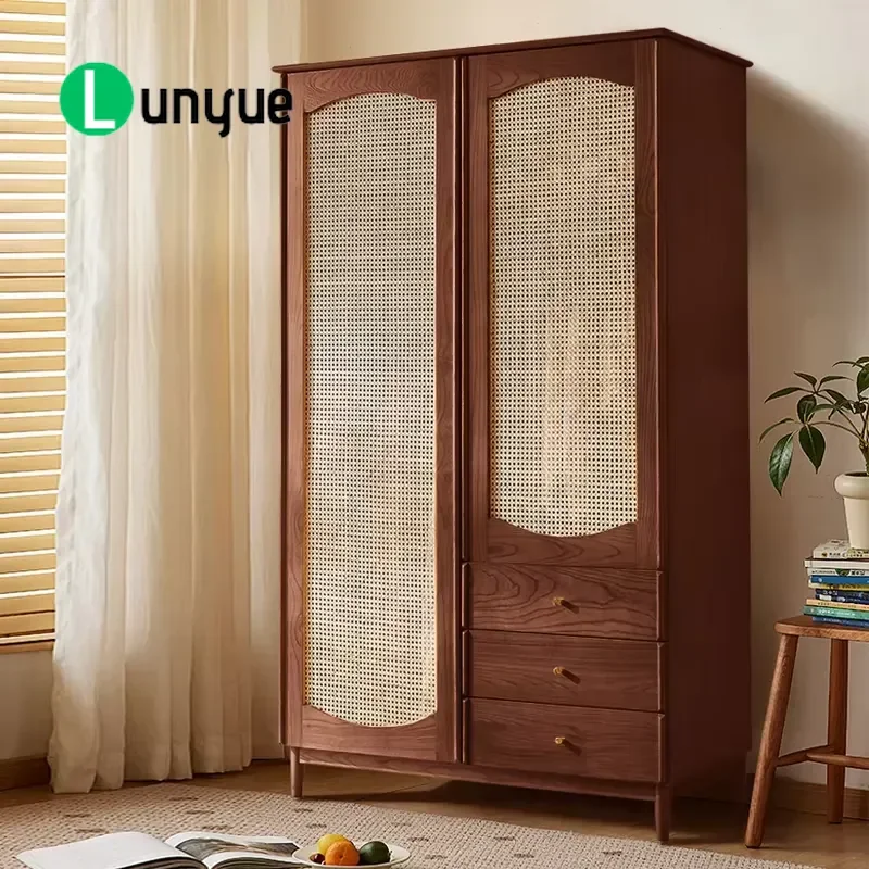 Custom Minimalist Rattan Wooden Wardrobe 2 Doors 3 Drawers Modern Storage Cabinet for Bedroom Hotel Clothing Organizer