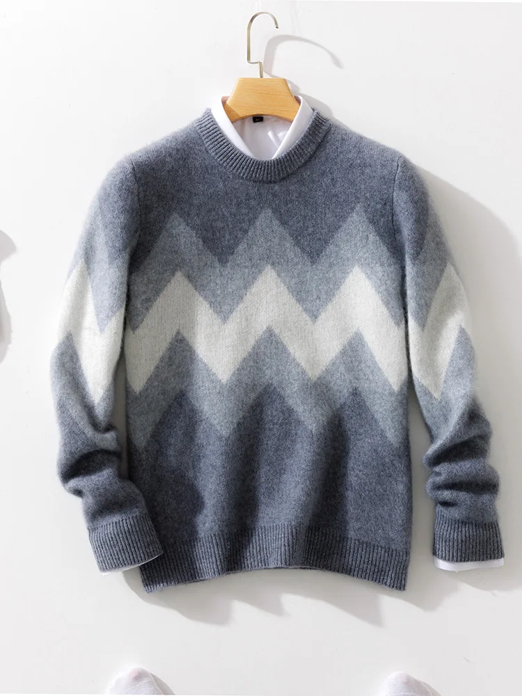 Autumn Winter Men O-neck Wool Pullover Smart Casual Sweater Vintage Long Sleeve Cashmere 100% Merino Wool Knitwear Clothing Tops