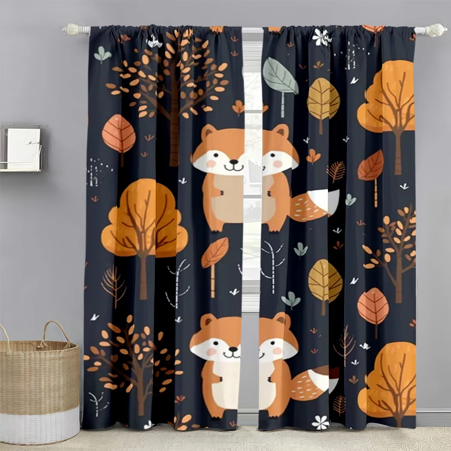2PCS Digital Print Curtain, Fox Autumn Tree Dark Blue Repeat Pattern, Fall Forest Animal for Living Room Bedroom Decor