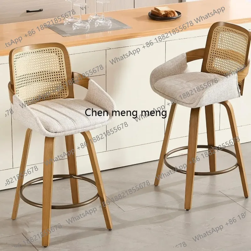 360°Swivel Bar Stools Set of 4, Upholstered 26” Bar Stools with Rattan Back, Modern Rotating Wood Counter Stools Customized