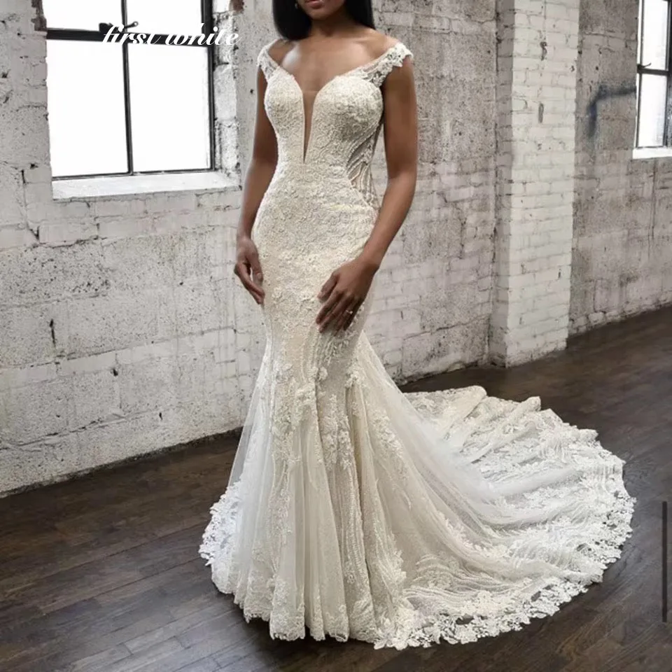 

Очаровательное свадебное платье русалки с открытой спиной по индивидуальному заказу, свадебное платье из бисера, халаты с v-образным вырезом и открытыми плечами, кружевное платье de novia