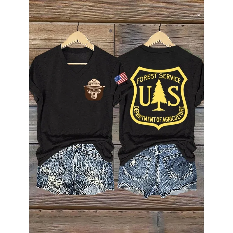 New Women's Retro Save The Forest Service Print T-Shirts Summer V Neck Tops Short Sleeve Casual Resist Tees
