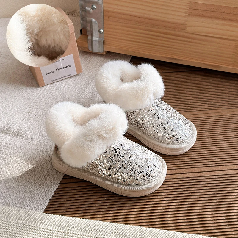 

Модные меховые зимние сапоги с блестками для девочек, мягкая удобная детская обувь, стильные детские зимние ботинки, милые ботильоны принцессы