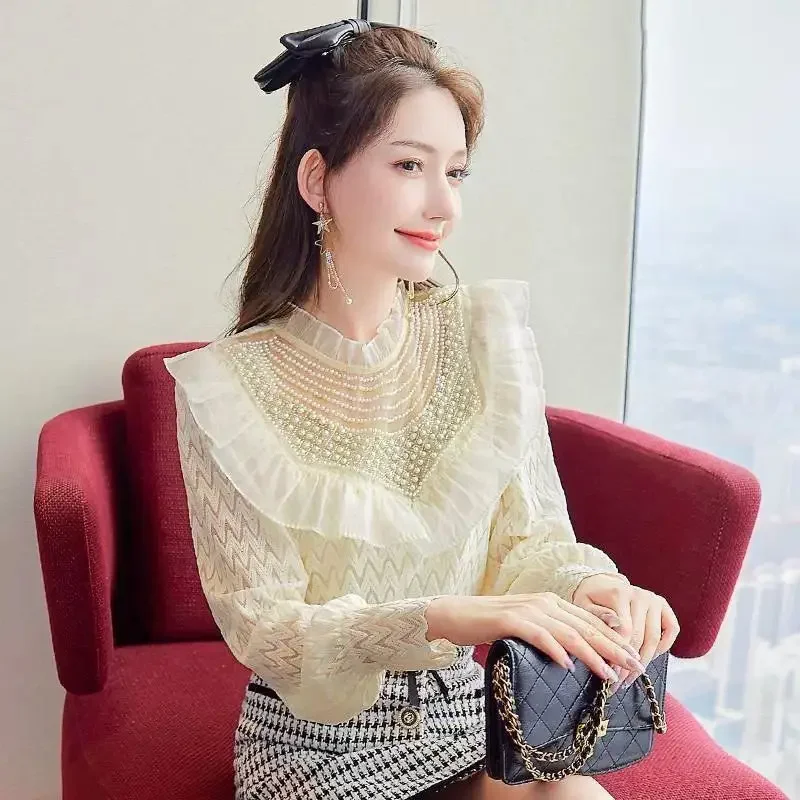 

Sweet Solid Color Spliced Ruffles Lace Beading Blouse Women's Clothing 2024 Spring New Casual Pullovers Loose Office Lady Shirt