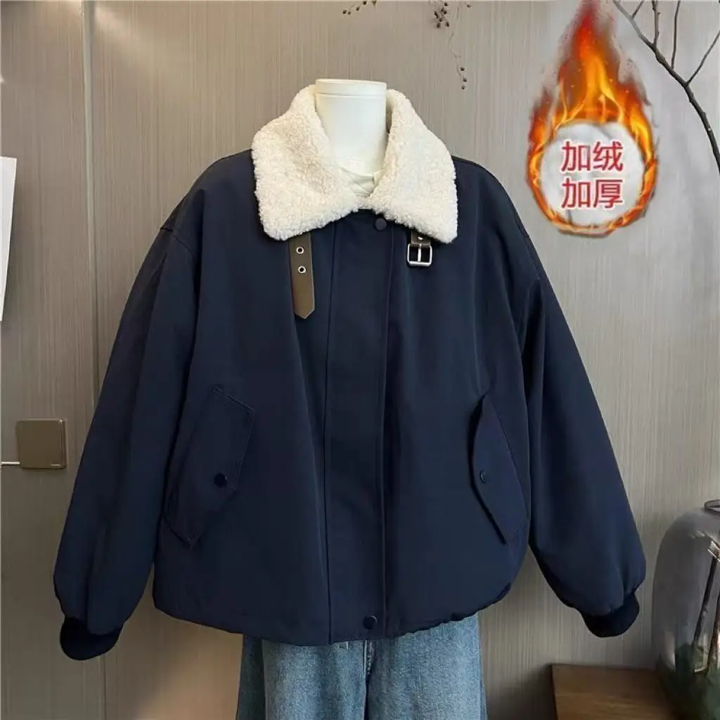 European Lamb Wool Coat Women 2026Winter New Splicing Tooling Cotton-padded Jacket Female Little Design Outcoat Lazy Ins Outwear