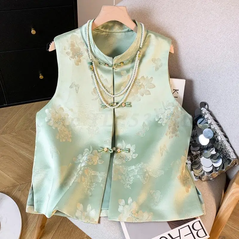 New Chinese Style Jacquard Sleeveless Vest Women's Vintage Button Tang Clothes Tops Spring Autumn Cheongsam Jacket Waistcoat