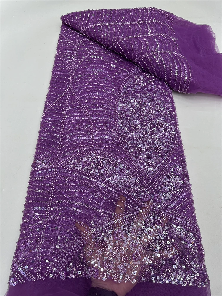 高級アフリカフレンチチュールレース生地 2025 高品質ビーズナイジェリアスパンコールレース生地ウェディングドレス縫製