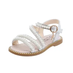 Summer New Girls shoes Children Performance Sandals Beach Shoes Fashion Flat Shoes Kids Pearl Open-toe Non-slip Princess Sandals