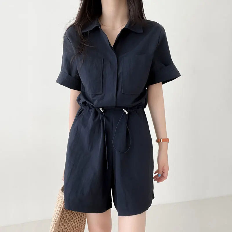 세련된 여름 빈티지 여성 롬퍼 하이 웨이스트 와이드 레그 포켓 디자인 드로스트링 허리 캐주얼 원피스 슈트 올매치 스타일