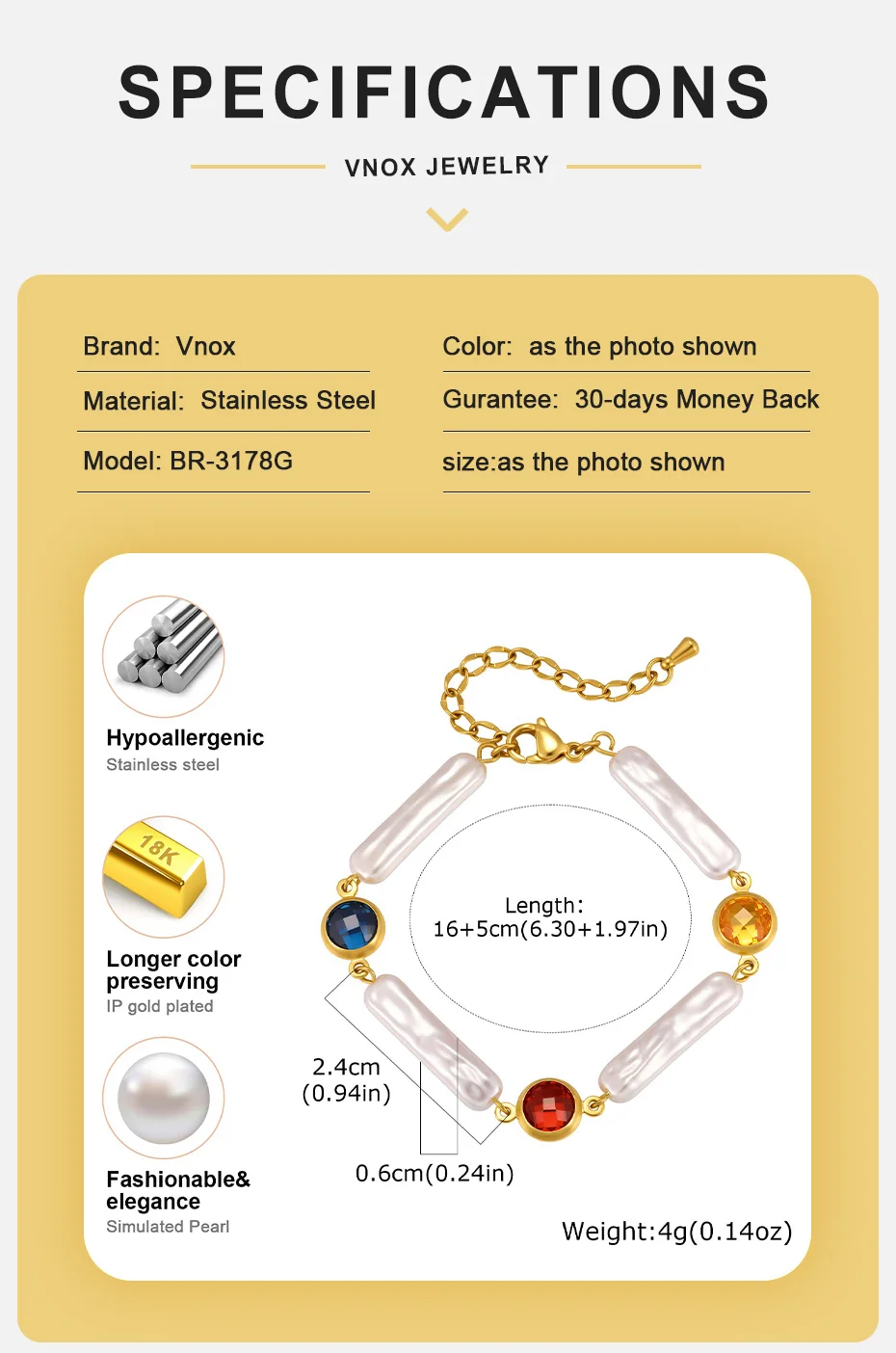 Vnox Exquisites Edelstahl-Imitationsperlen-Armband für Damen, Einzigartiges Design, 18K Vergoldet, Buntes Zirkonia-Armband – Detail 4