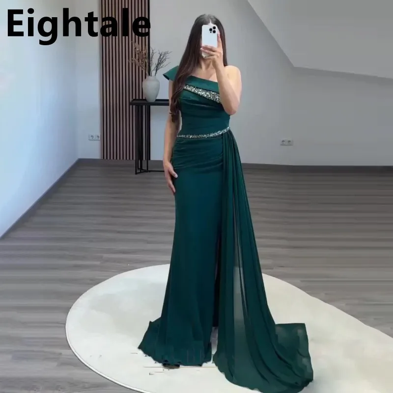 

2023 Eightale Green Mermaid Satin Prom Dress Sexy Slit Evening Party Dress One Shoulder Formal Prom Gown Robes De Soirée