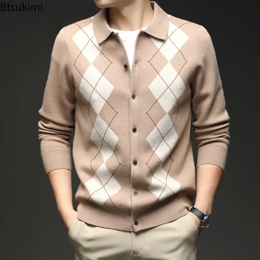 

2025 Men's Sweater Cardigan Buttons Down Argyle Contrast Pattern Retro Vintage Casual Autumn Winter Thick Lapel Knitted Sweater