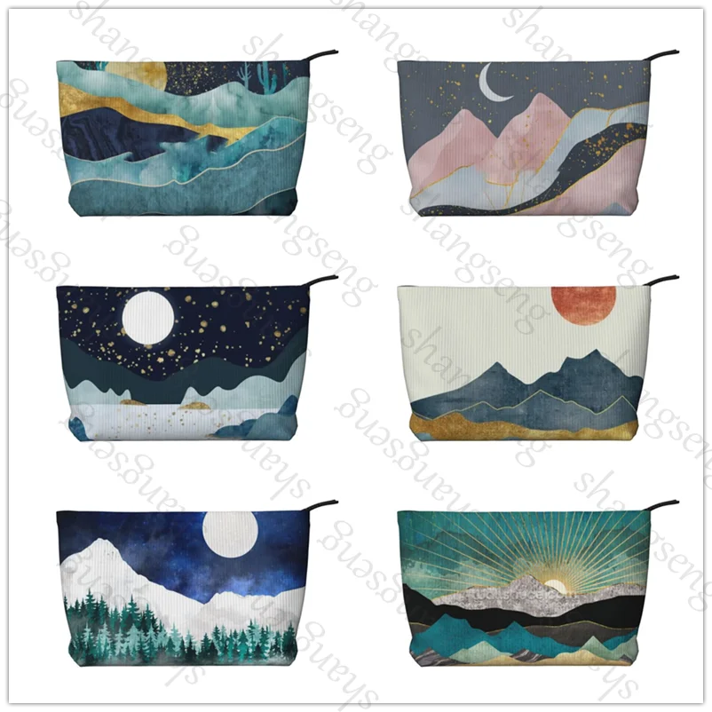 

Oil Painting Mountain Forest Corduroy cosmetic bag portable travel toiletries bag, beauty makeup skin care sundries storage bag
