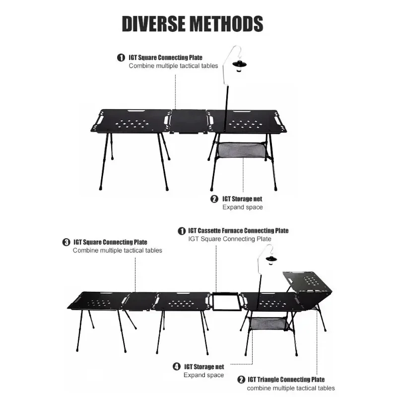 Stół taktyczny kempingowy IGT z akcesoriami Lekki, wielofunkcyjny, składany stół zewnętrzny ze stopu aluminium, regulowany