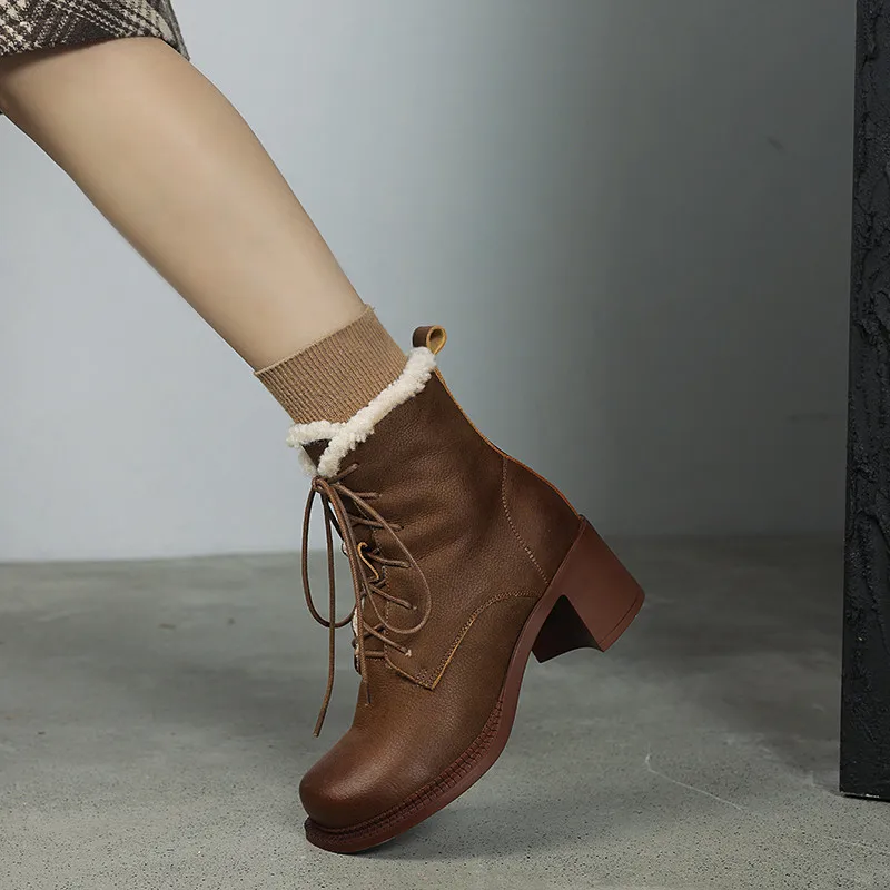 2024 Winter Women Boots Split Leather Women Shoes Round Toe Chunky Heel Genuine Leather Ladies Wool Modern Snow Boots image 3