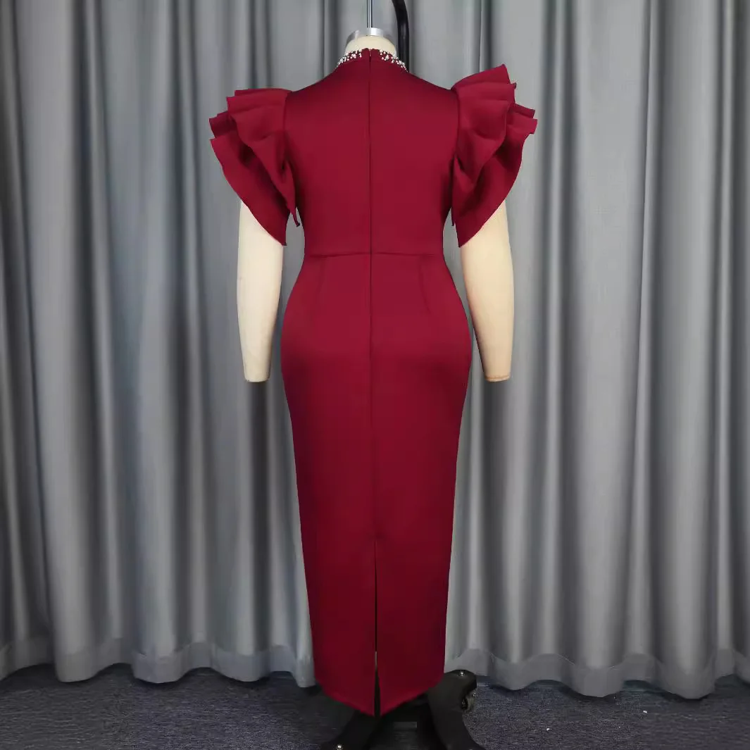 Bordeaux elegante feestjurken Mock Neck kralen vlindermouwen uitgesneden hoge taille pakket hippe enkel cocktailoutfits voor dames