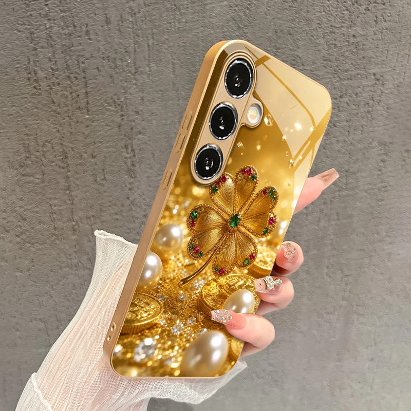 Colorful Gem Four-leaf Pattern 2D Phone Case for Samsung S26 S25 S24 S23 S22 S21 S20 Golden Metal Paint Glass Protective Cover view 3