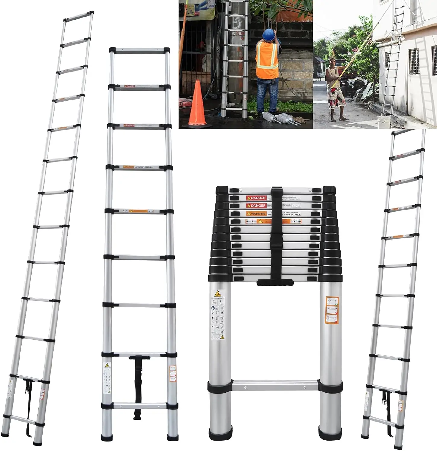 4.4M/14.4FT Multi Purpose Aluminum Telescopic Ladder, Extension Tall Loft Ladder with Non-Slip Feet,EN131 330lb Max Load Ladder