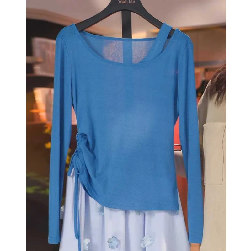Fake Two-piece Off Shoulder Hollow Out Trend Tops Spring Summer Long Sleeve Solid Korean T Shirts Fashion Casual Women Clothing