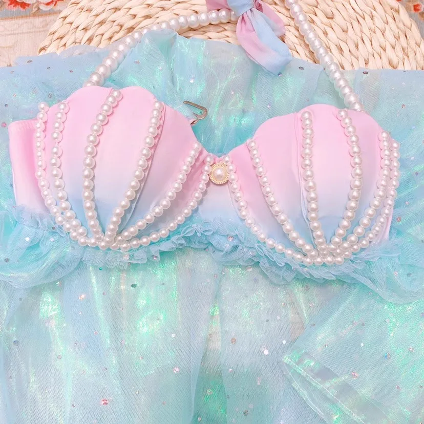 NEW Beach Fairy Swimsuit Mermaid Bikini swimwear gradient shell Bra Pearl Chains Summer Lolita Sweet Cloth Swimsuit Beach Dress