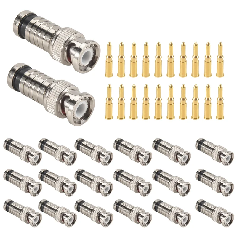 AT44-20 Pcs BNC Compression Connector 75 Ohm Coupler With Copper Pin For RG58-59 Crimper Video Plug Extension Coaxial Cable