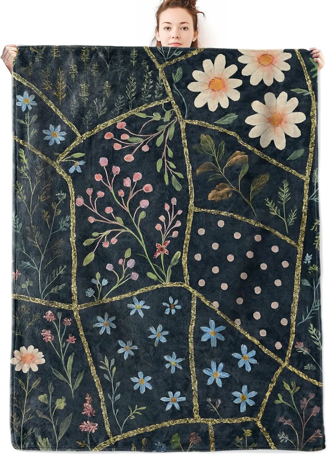 Kintsugi Wildflower Flannel Throw Blanket Dark Background Gold Crack Floral Print Soft Warm Blanket for Sofa Bedroom Gift