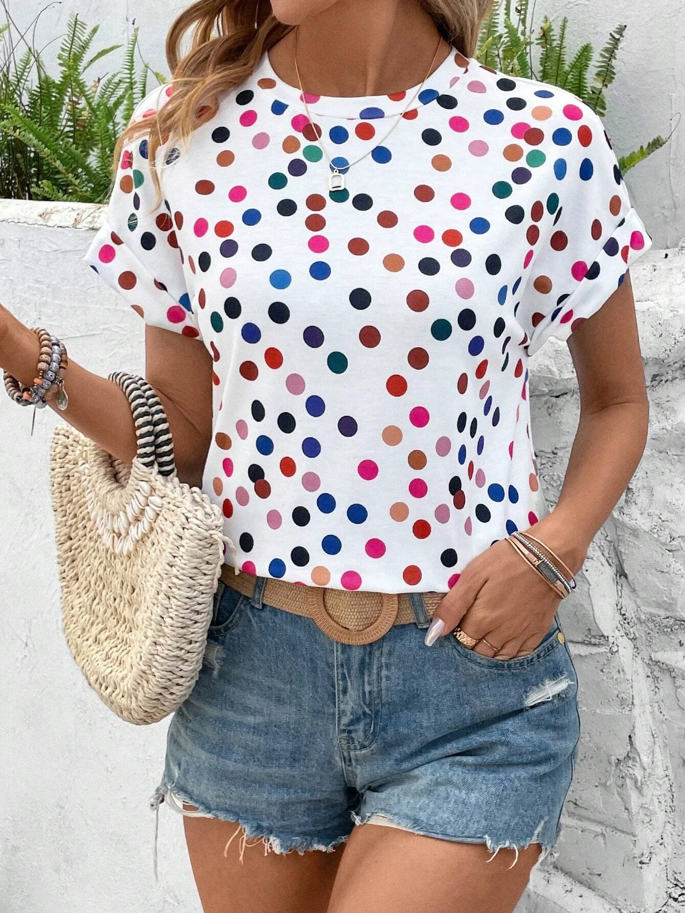 Fashionable Women\'s T-shirts Colorful Dopamine Polka Dot Casual Round Neck Short Sleeve Women\'s T-Shirt For Spring And Summer