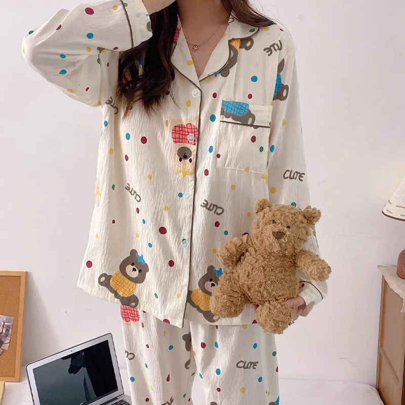 

Four Seasons Nightwear Women Sexy Polka Dot Bear Long Sleeve Trousers Cardigan Sleepwear Student Summer Pajamas Korean Version