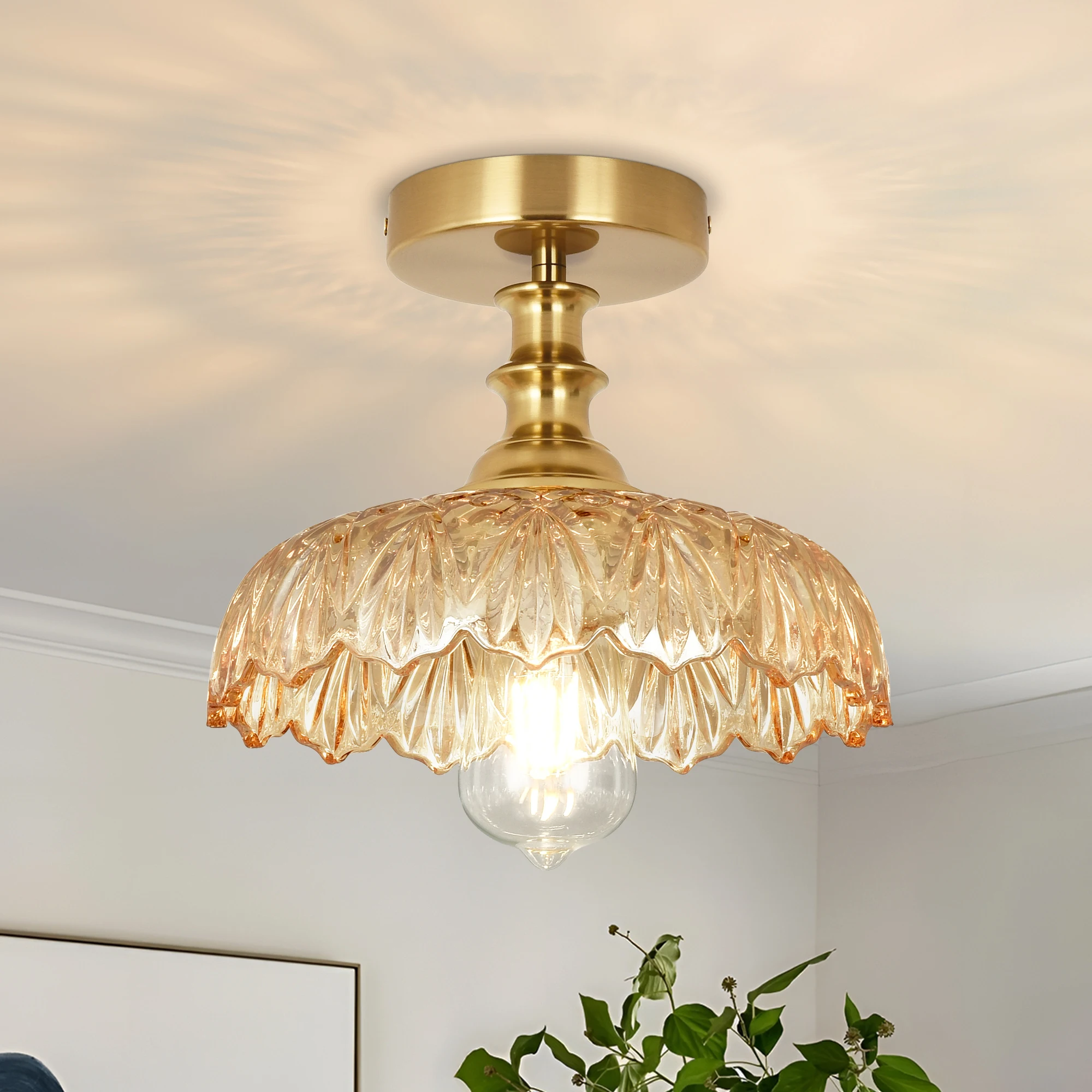 

Vintage Farmhouse Ceiling Light Flower Glass Semi-Flush Mount Lighting Adjustable Ceiling Light for Bedroom Dining Living Room